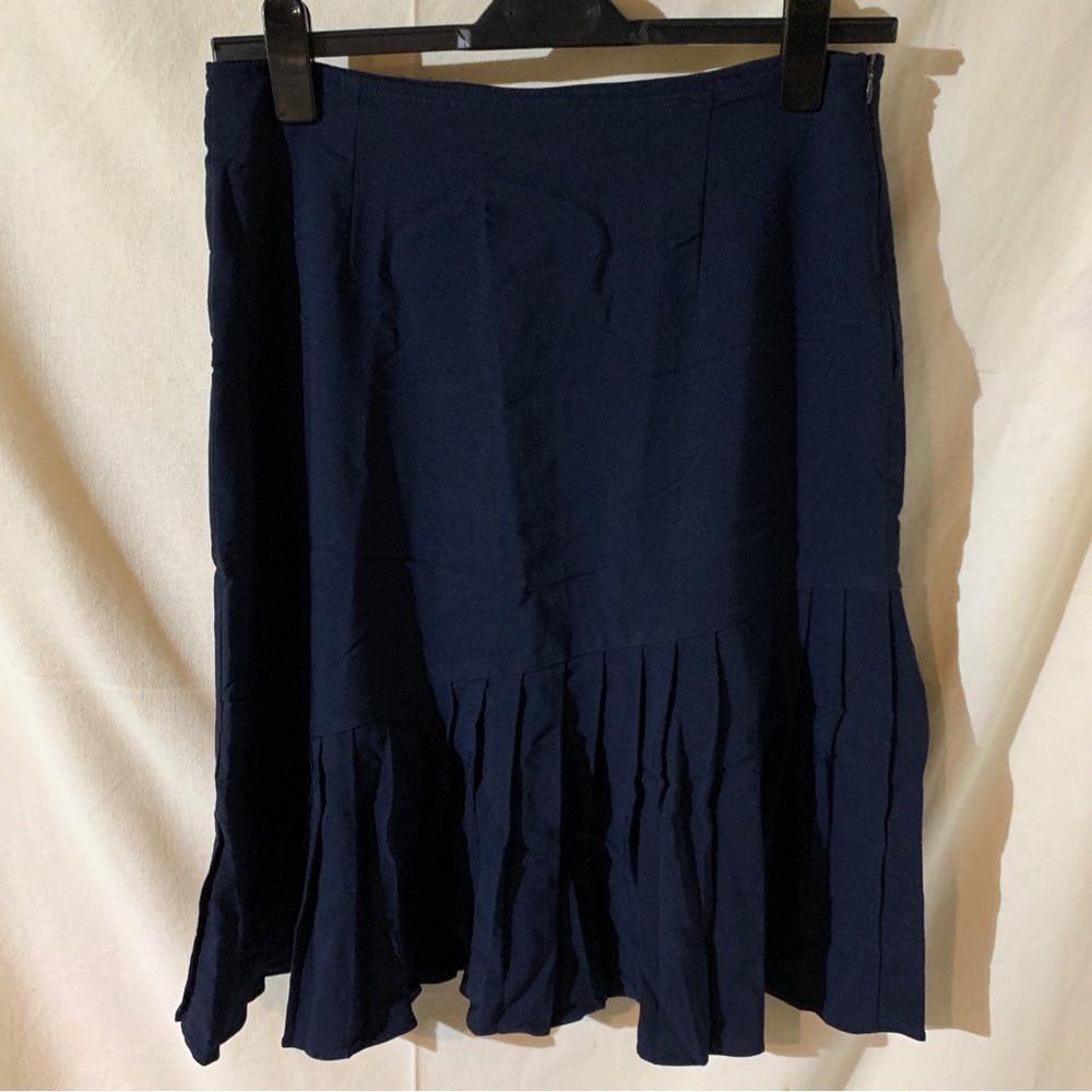 Jonathan Martin // navy asymeterical pleated midi skirt size 12